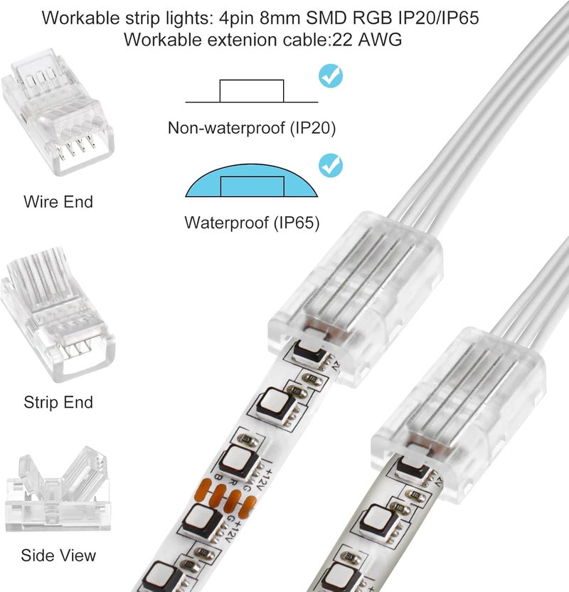 RGBZONE 10Pcs 8mm 4 Pin LED Strip Connectors and 32.8ft 4 Pin RGB Extension Cable Strip to Wire Quick Connection for Waterproof or Non-Waterproof 8mm Wide SMD RGB 5050 LED Strip Lights(IP20/IP65) - Image 5